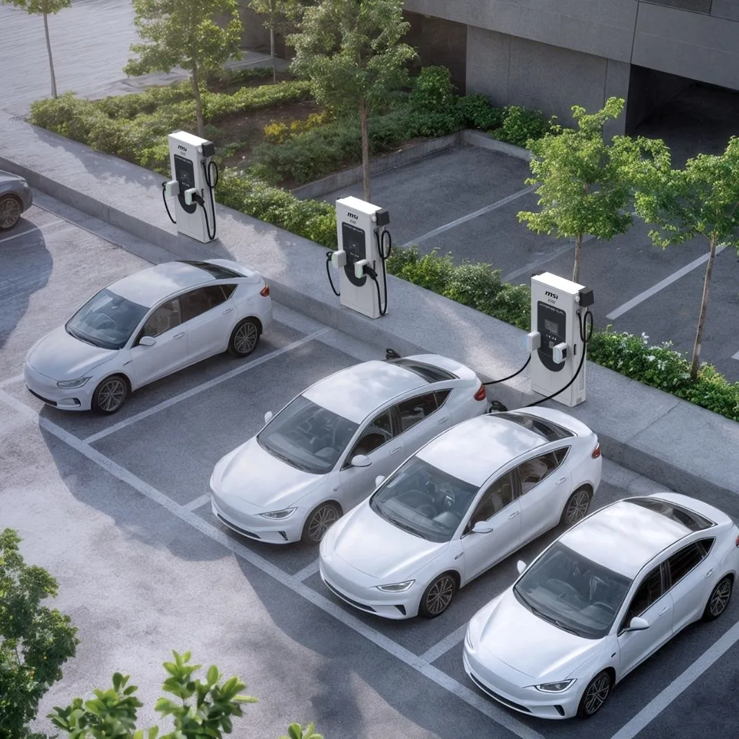 Workplace vehicles parked, charging at MSI Hyper 80 Dual chargers